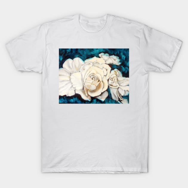 Gardenia on Blue T-Shirt by jennyleeandjim